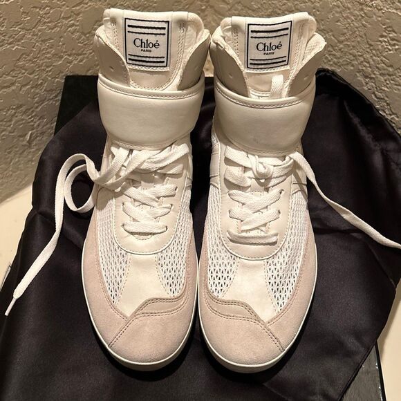 Chloe Women’s Size 41 Kick Leather & Mesh High Top Sneaker Cloudy Cream NEW - Picture 1 of 16
